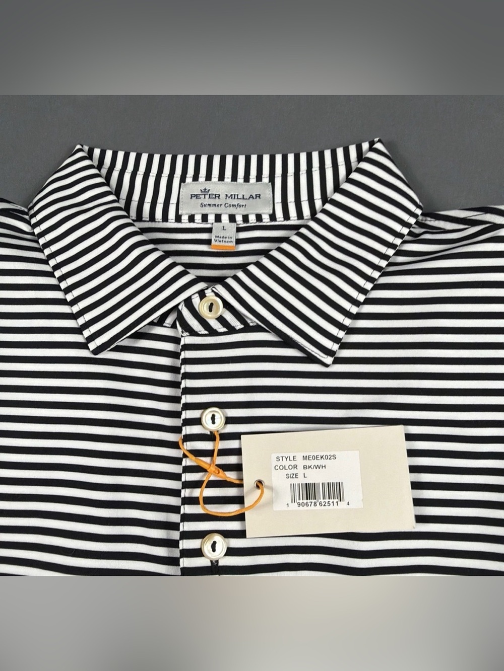Peter Millar Golf Shirt Polo CS Summer Comfort Chest Logo Striped Large BLK/WH - Picture 3 of 6